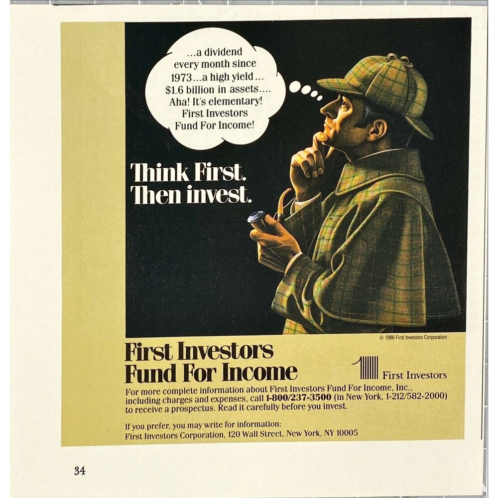 First Investor Fund Sherlock Holmes "Think First. Then Invest" Vtg Print Ad 1986
